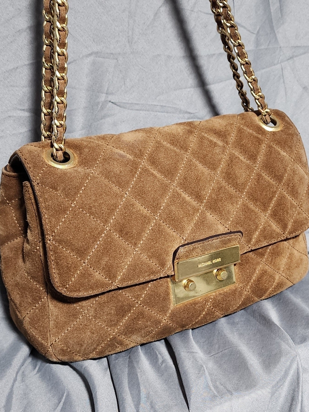 Michael Kors Sloan Brown Camel Suede Quilted Shoulderbag Crossbody Bag Purse